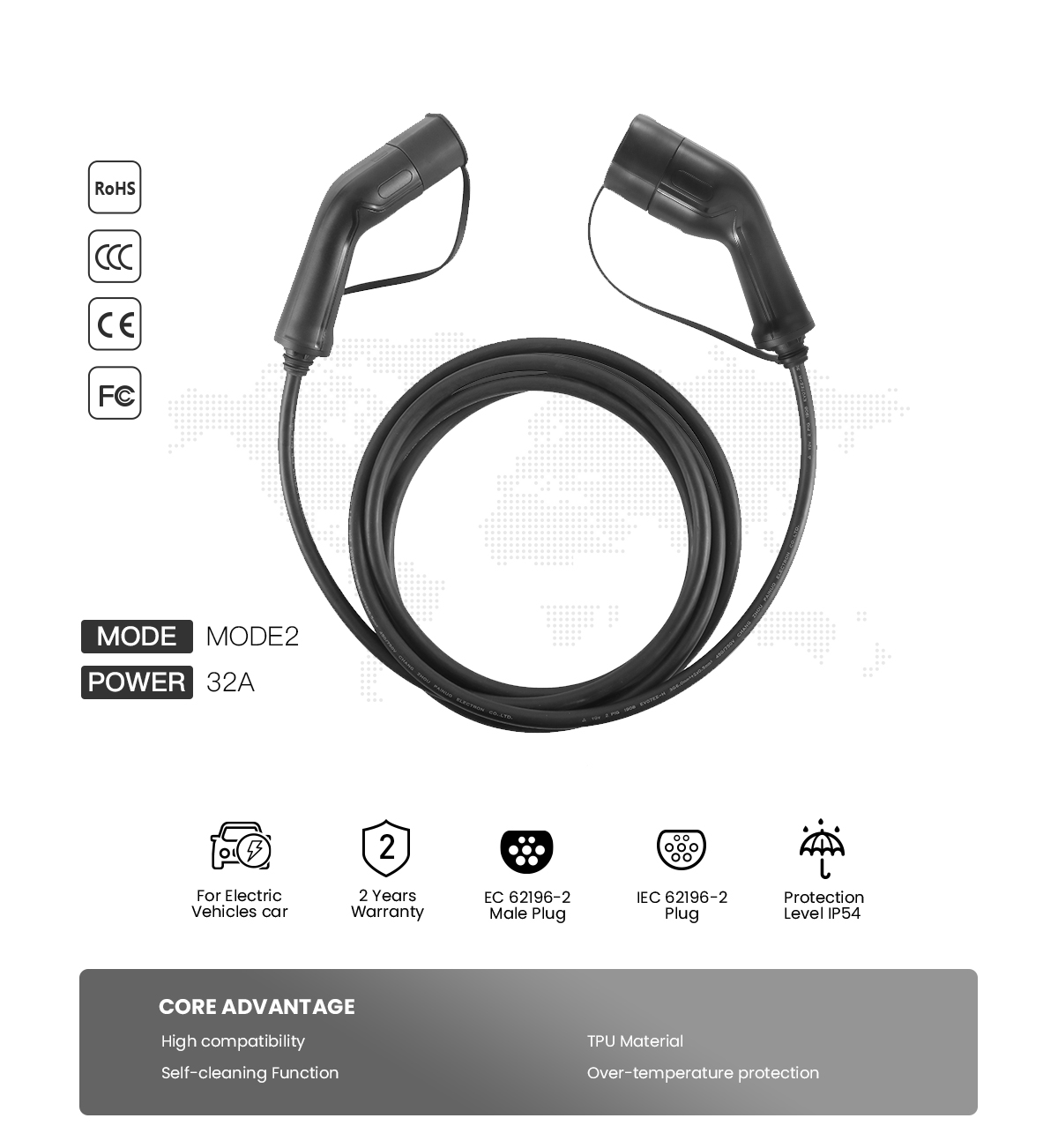 Mode3 Type2 to Type2 charging cable